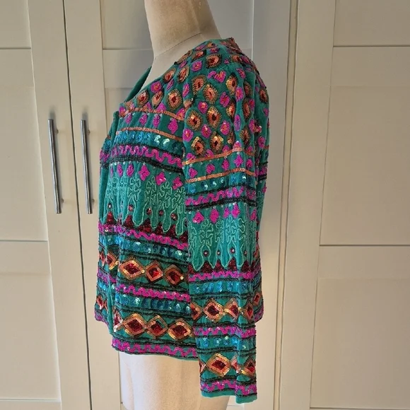 NWT Ruby Yaya Cotton Velvet Beaded Sequin Jacket Teal Boho Glam Large - Picture 2 of 12